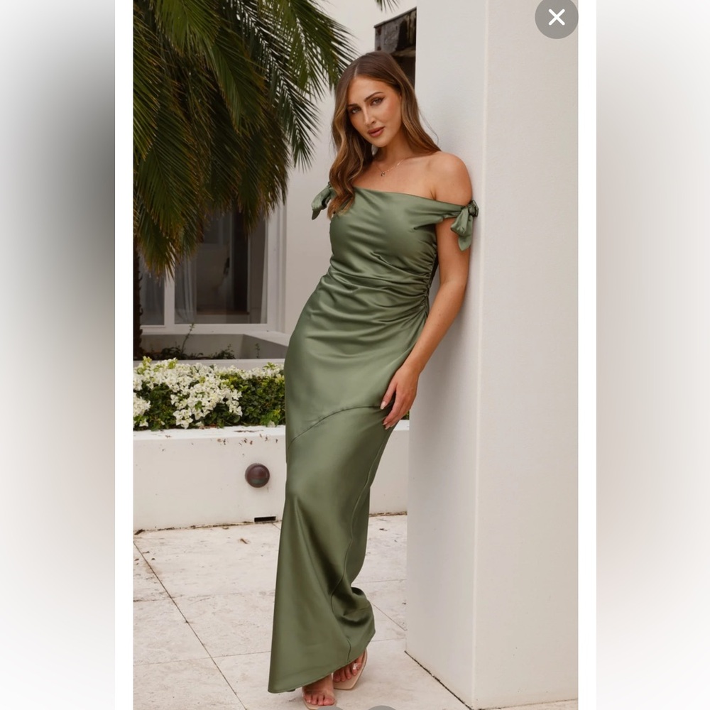 Billy J Frida Maxi Dress - Olive Green Satin Off-Shoulder